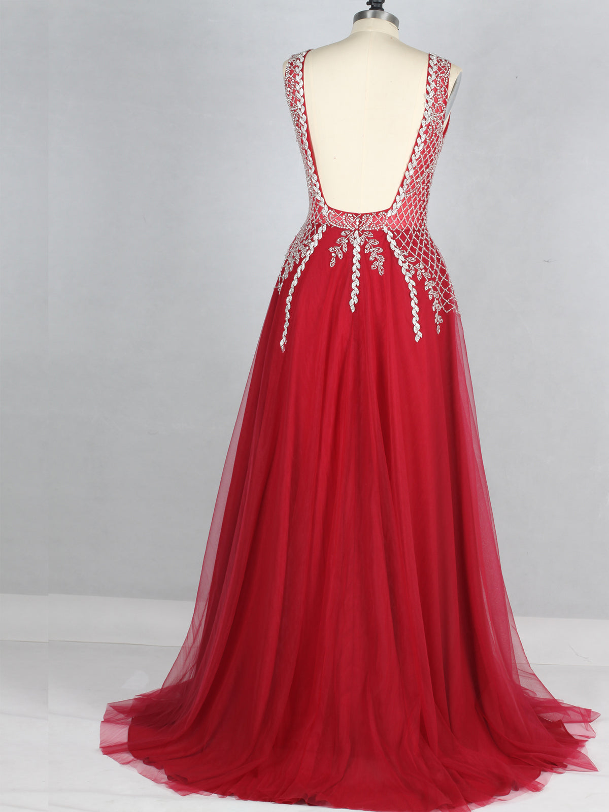 Red Split Plunging Neckline Heavy Beading Evening Dress