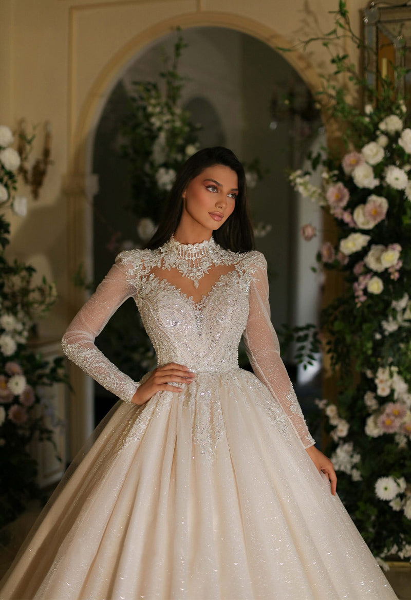 High Neck Long Sleeve Tulle Sequin Ball Gown Wedding Dress – Pandrodressy