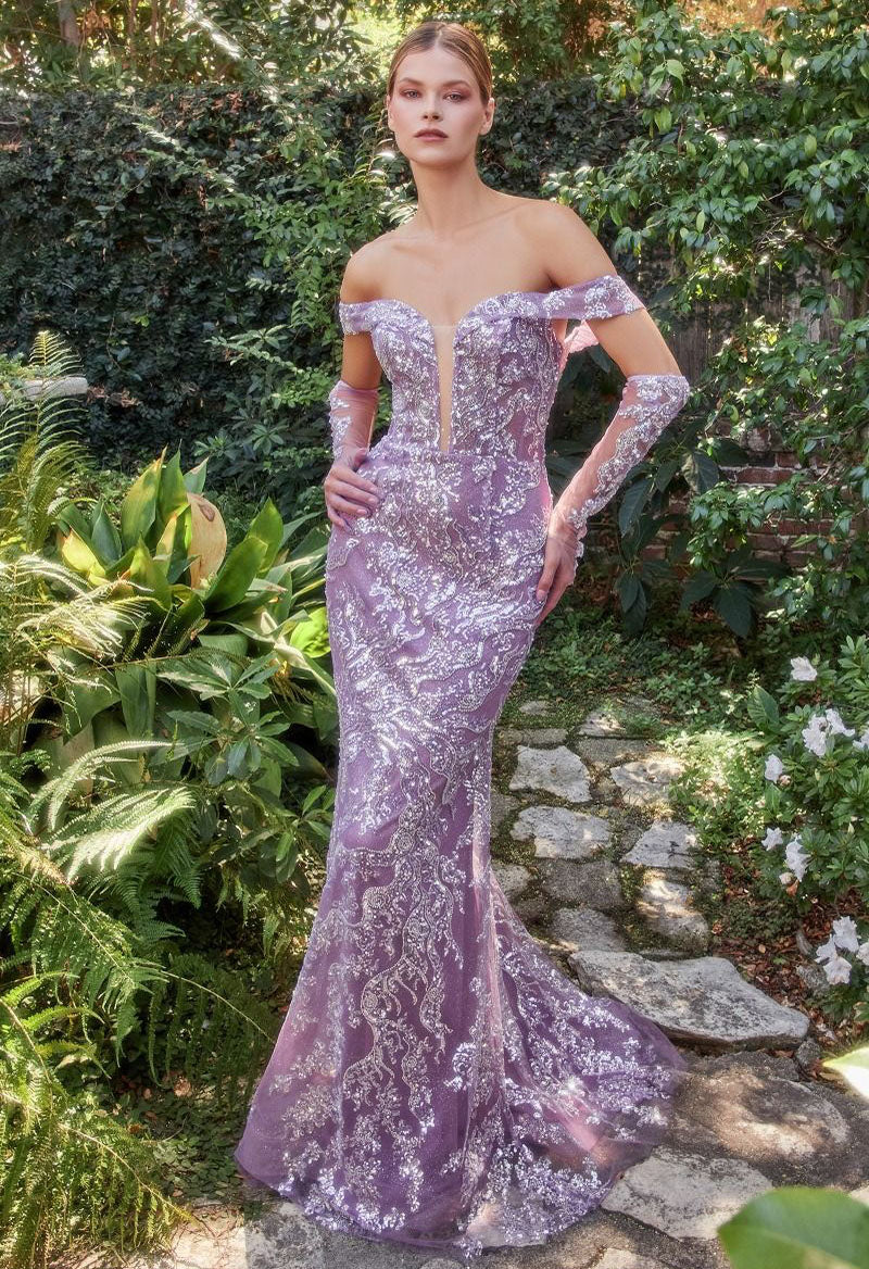 Off The Shoulder Sequins Tulle Mermaid Sweep Train Evening Dress with Gloves Purple