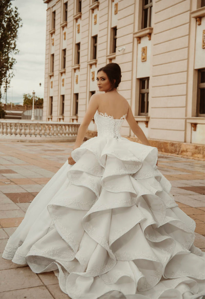 Illusion Collar Sleeveless Ball Ruffle Pleated Gown Cathedral-Train Luxury Wedding Dress