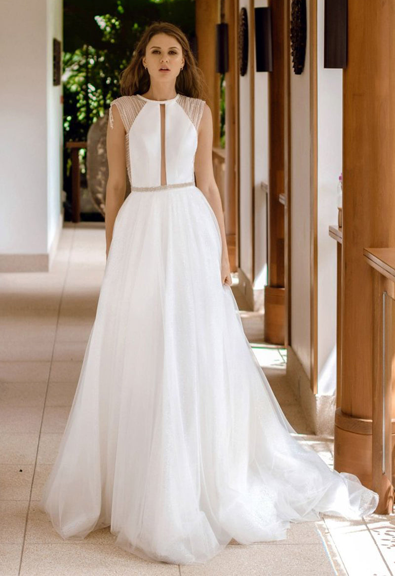 Scoop Neck Sleeveless A Line Satin Tulle Court Train Wedding Dress As Picture