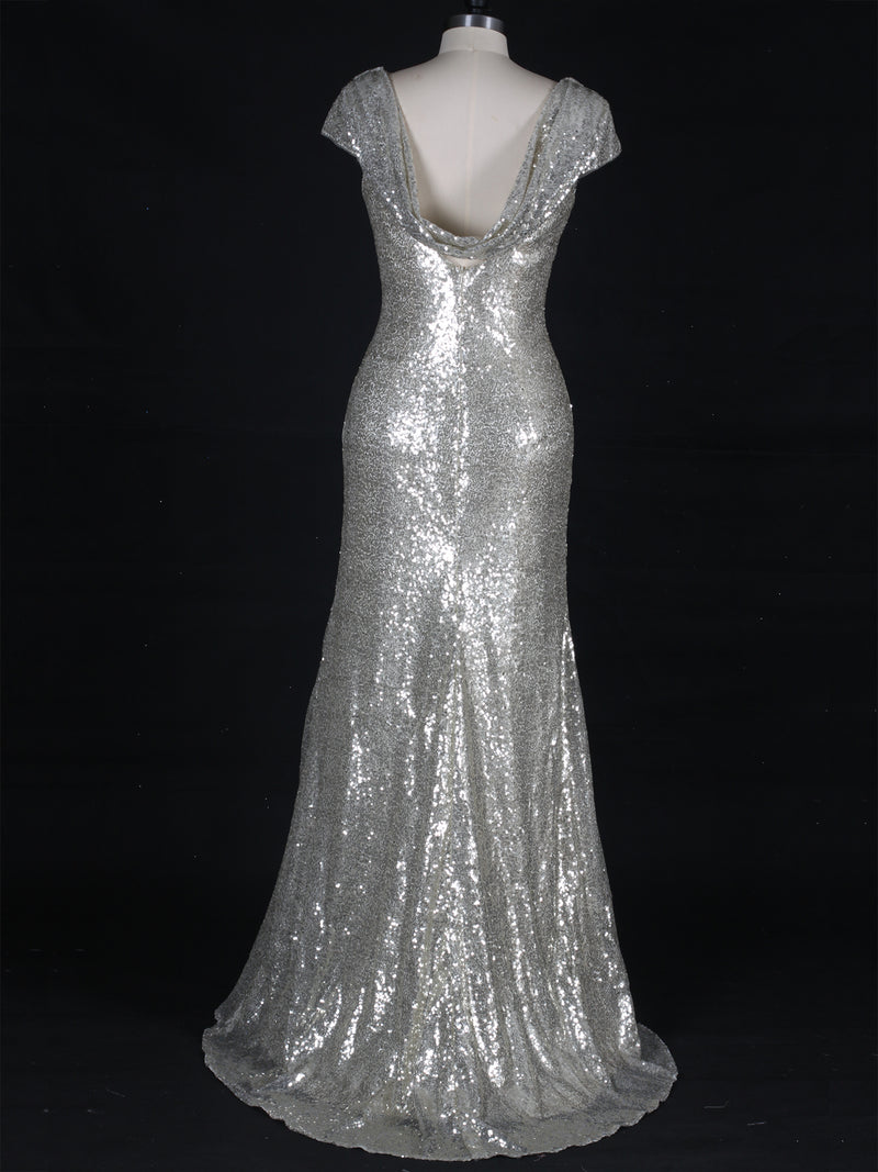 Sequin Cap Sleeve with Cowl Evening Dress