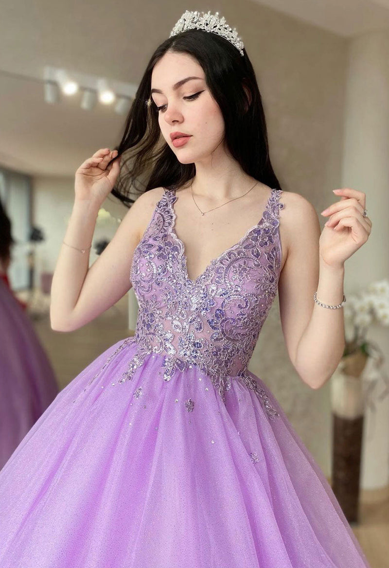 V-Neck Sequin Sparkly Tulle Sleeveless A Line Floor Length Prom Dress