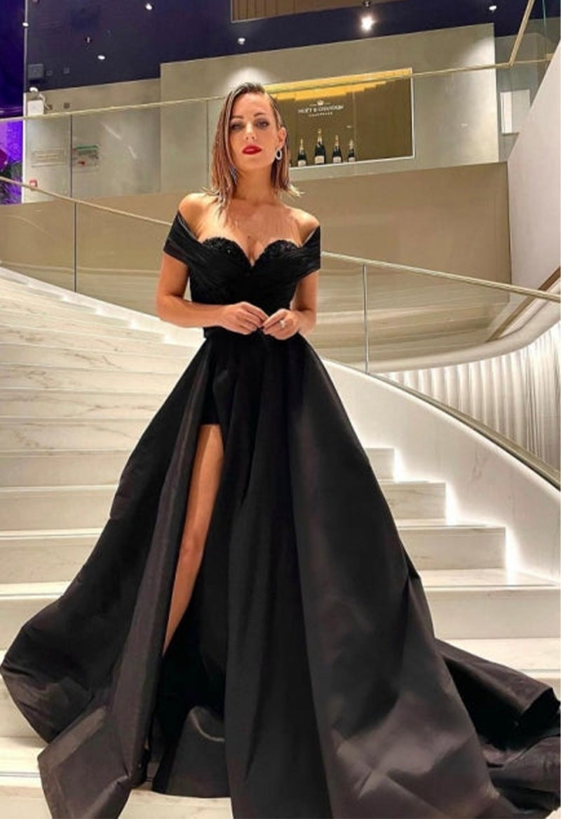Sweetheart Neck Short Sleeve Slit Satin A Line Cathedral Train Evening Dress As Picture