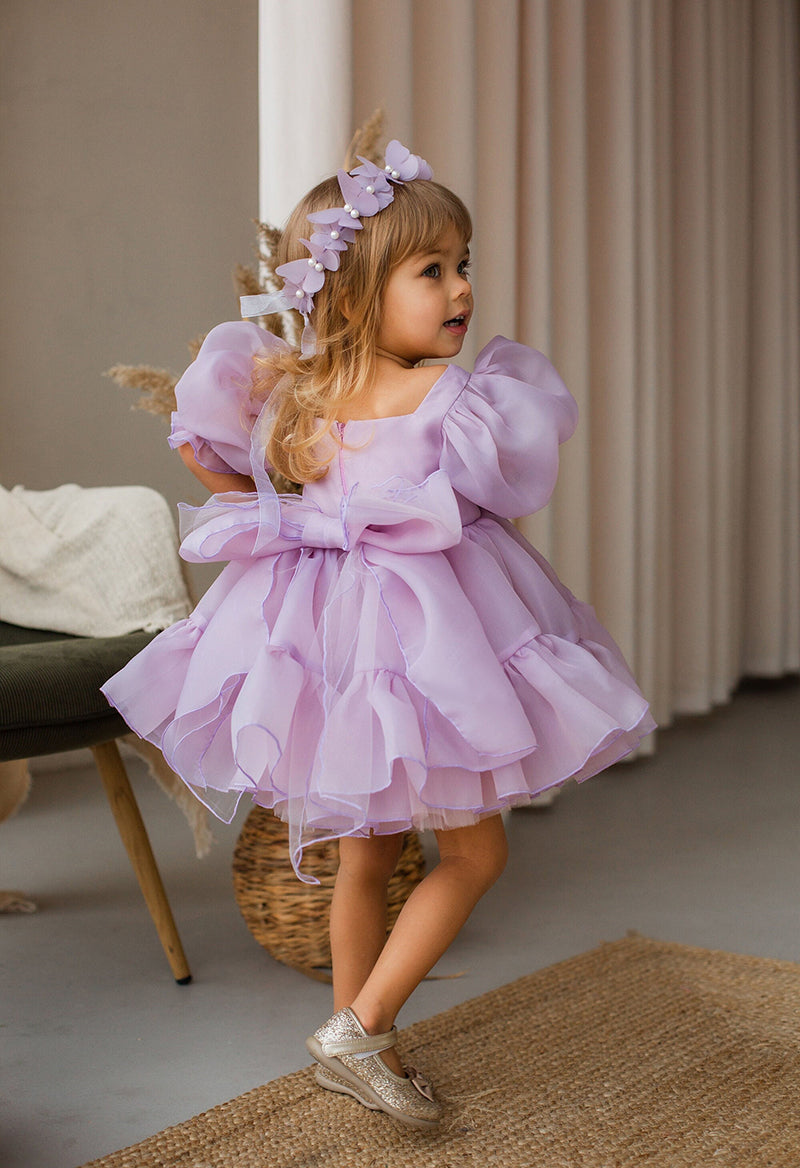 Square Neck Puff Sleeve Tulle Bow A Line Short Flower Girl Dress