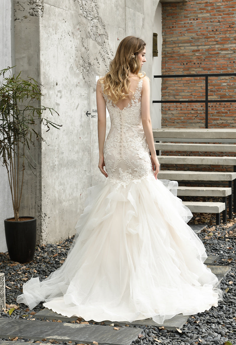 V Neck Sleeveless Mermaid Organza Sweep Train Wedding Dress