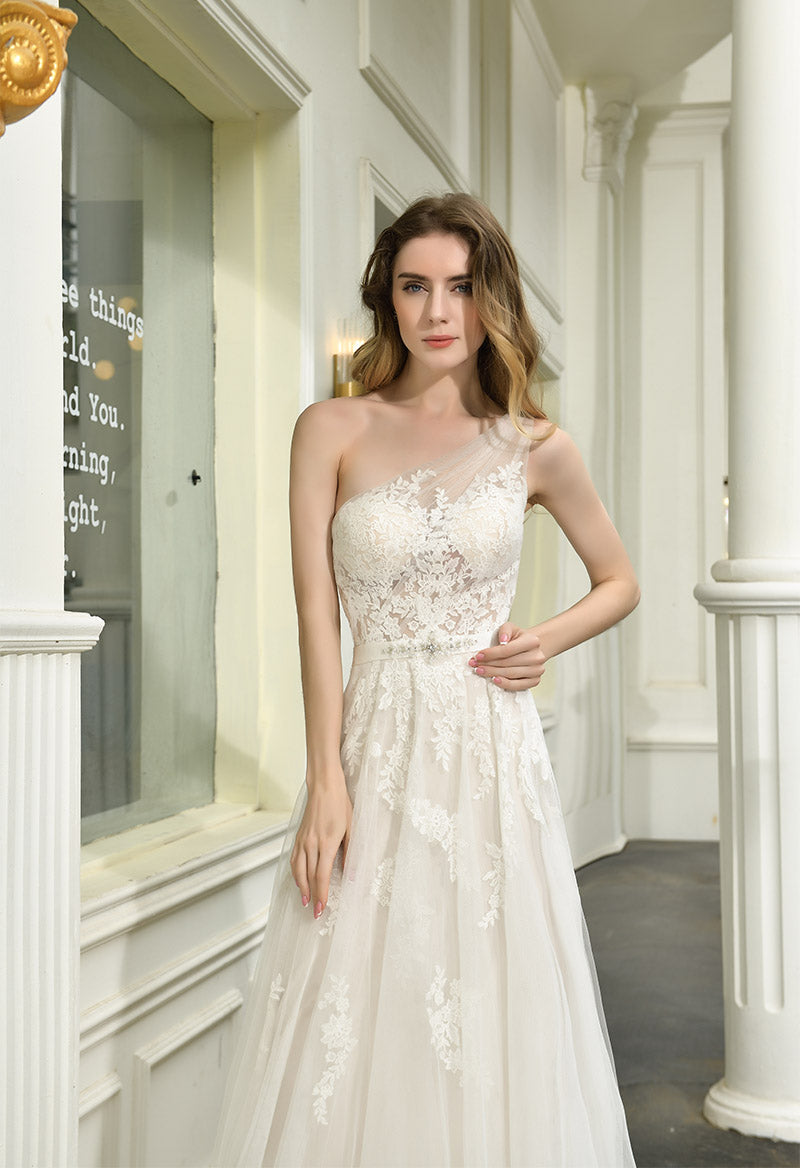 One shoulder lace wedding dress hotsell