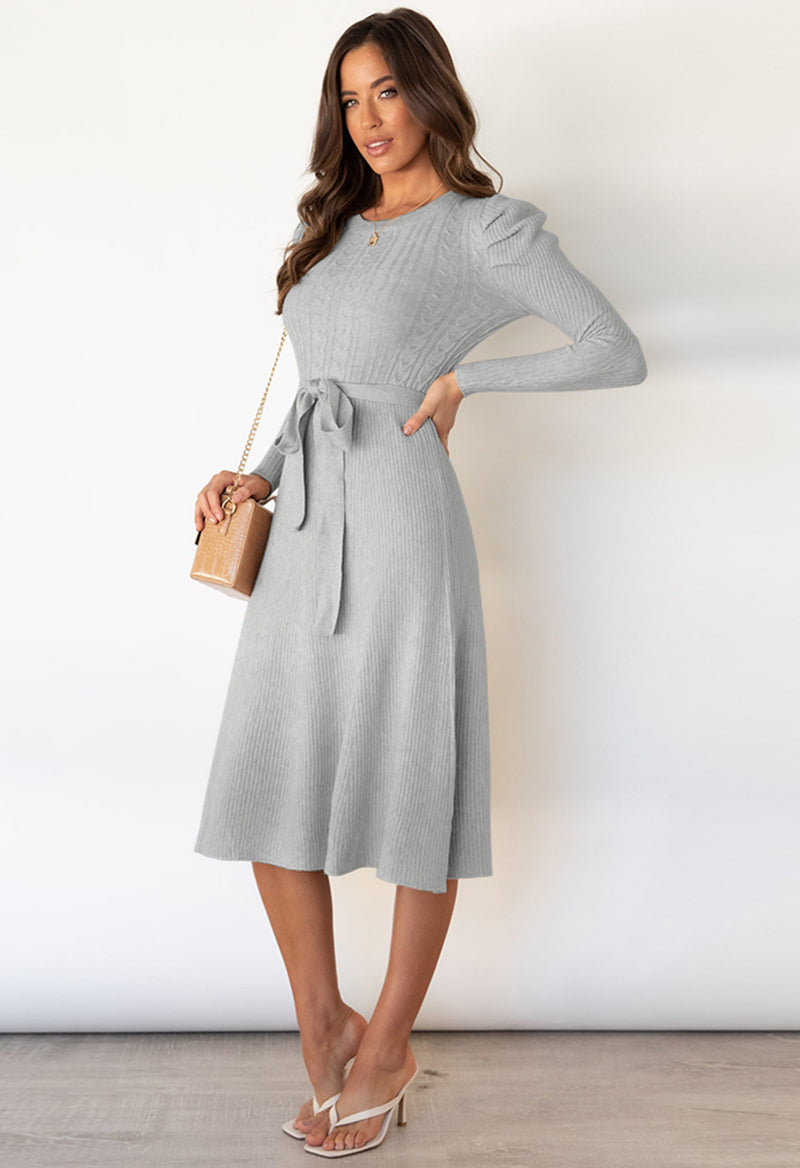 A Line Tie Long Sleeve Scoop Neck Tea Length Knit Dress