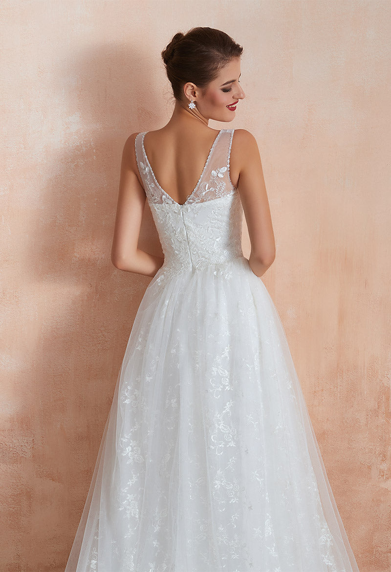 V-Neck Sleeveless A Line Tulle Sweep Train Appliquéd Wedding Dress