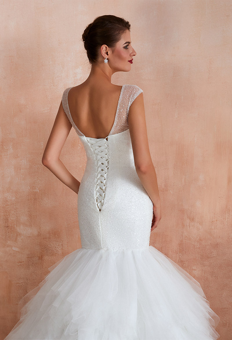 Sparkly Tulle Mermaid V Neck Sleeveless Chapel Train Wedding Dress