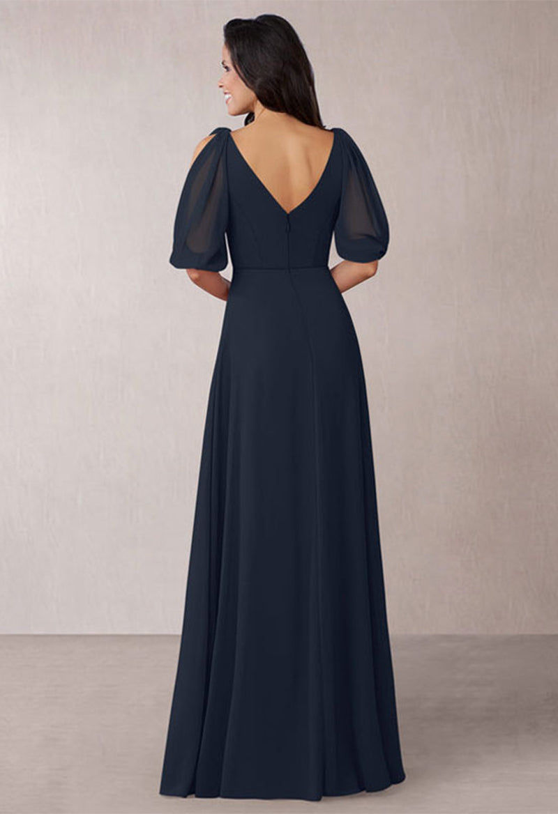 Simple V Neck Chiffon Lantern Sleeve Floor Length Mother Of The Bride Dress