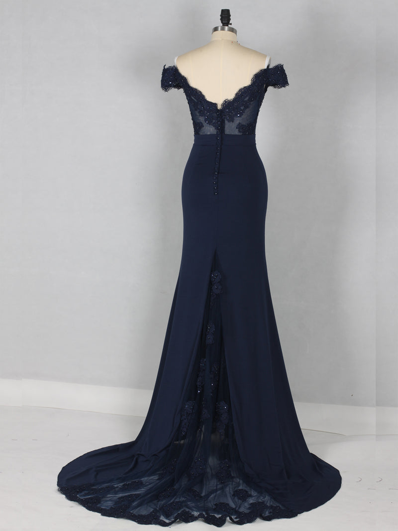 Dark Navy Off-the-shoulder with Beads Evening Dress