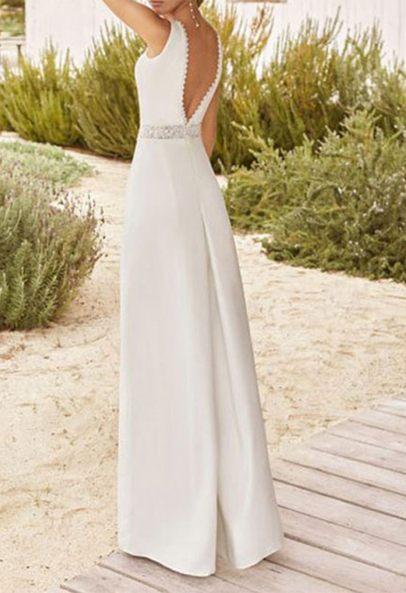 Sleeveless Jeweled Backless Wedding Jumpsuit