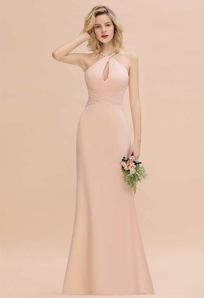 Halter Neck Sleeveless Chiffon Sheath Floor Length Bridesmaid Dress