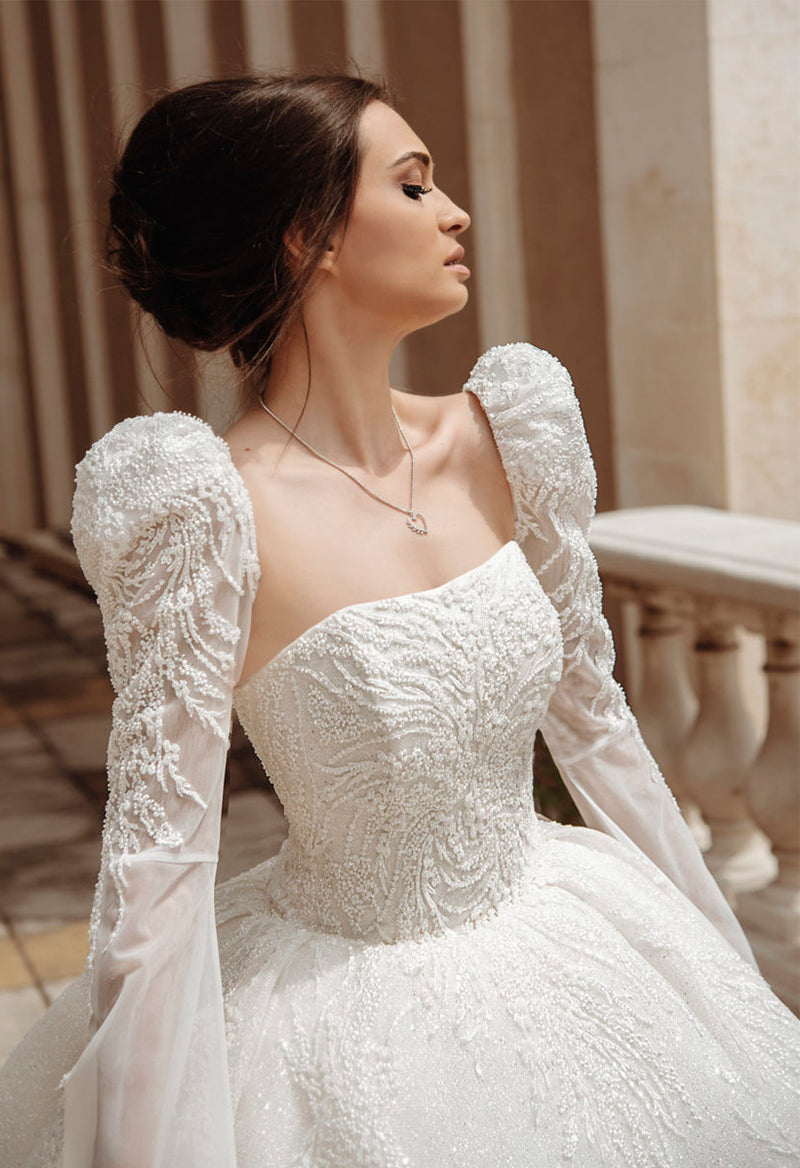 Modest Sleeve Square Neck Chapel Train Backless Ball Gown Wedding Dress