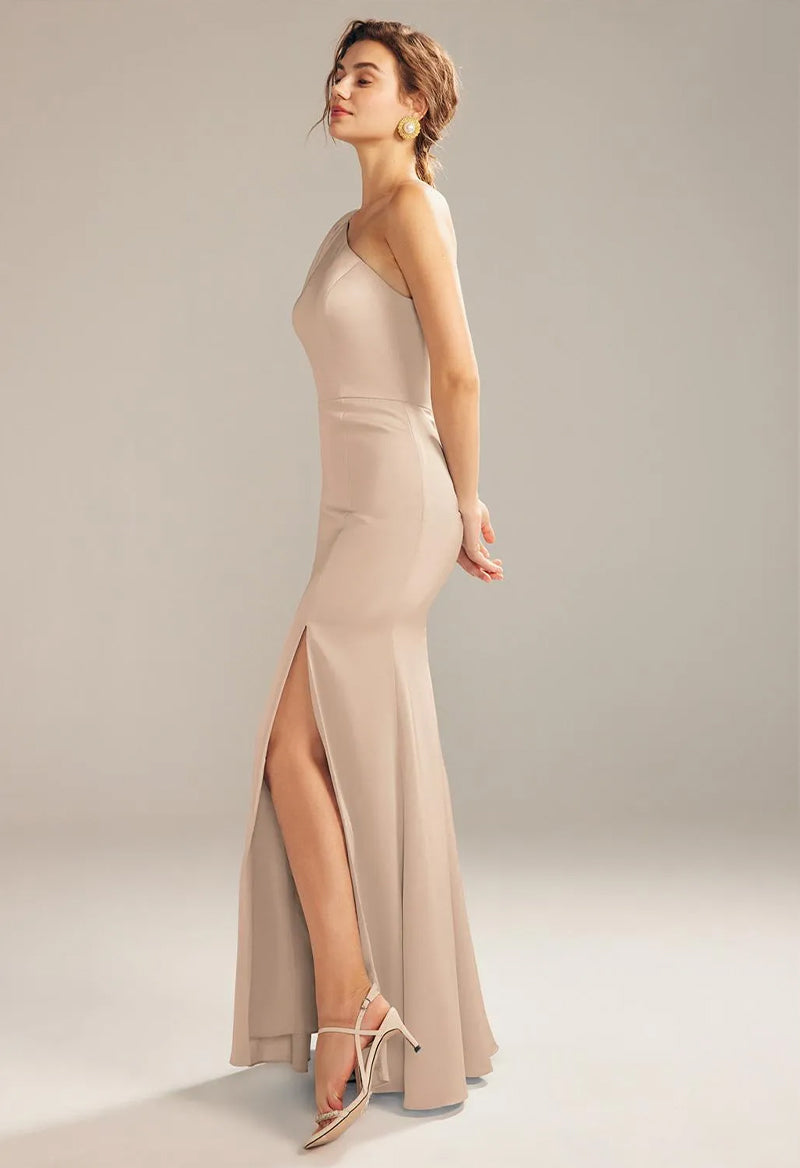 Elegant One Shoulder Sleeveless Sheath Slit Floor Length Bridesmaid Dress