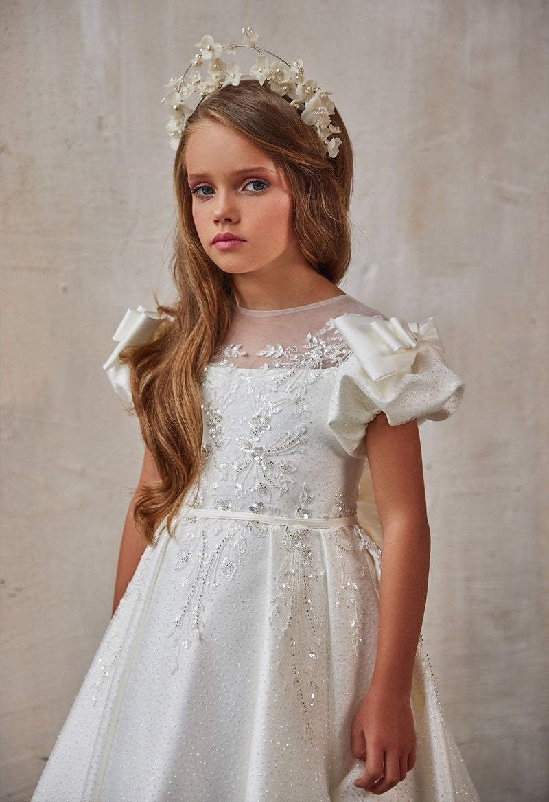 Scoop Neck Puff Sleeve Bow Sequin Princess Court Train Flower Girl Dress