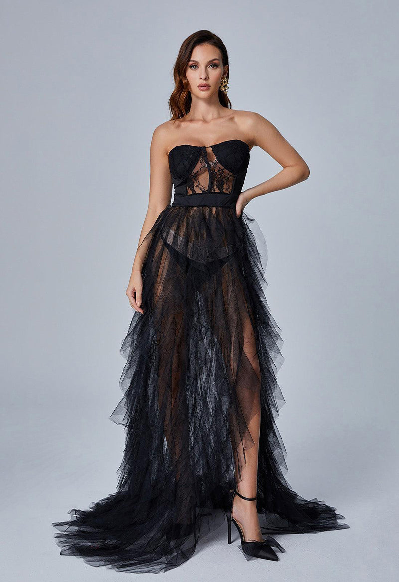 Strapless Sleeveless Sheer Tulle A Line Sweep Train Evening Dress