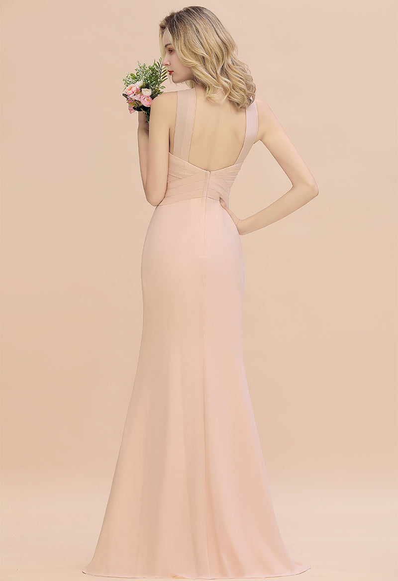 Halter Neck Sleeveless Chiffon Sheath Floor Length Bridesmaid Dress