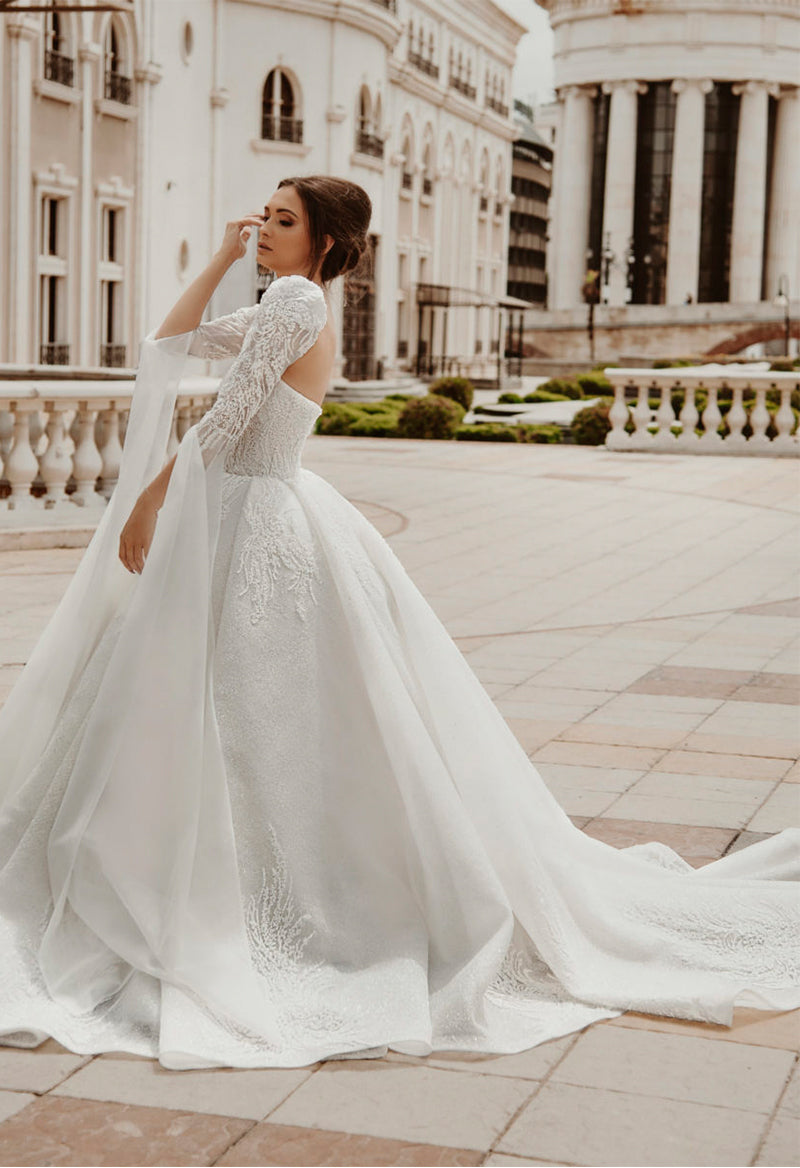 Modest Sleeve Square Neck Chapel Train Backless Ball Gown Wedding Dress