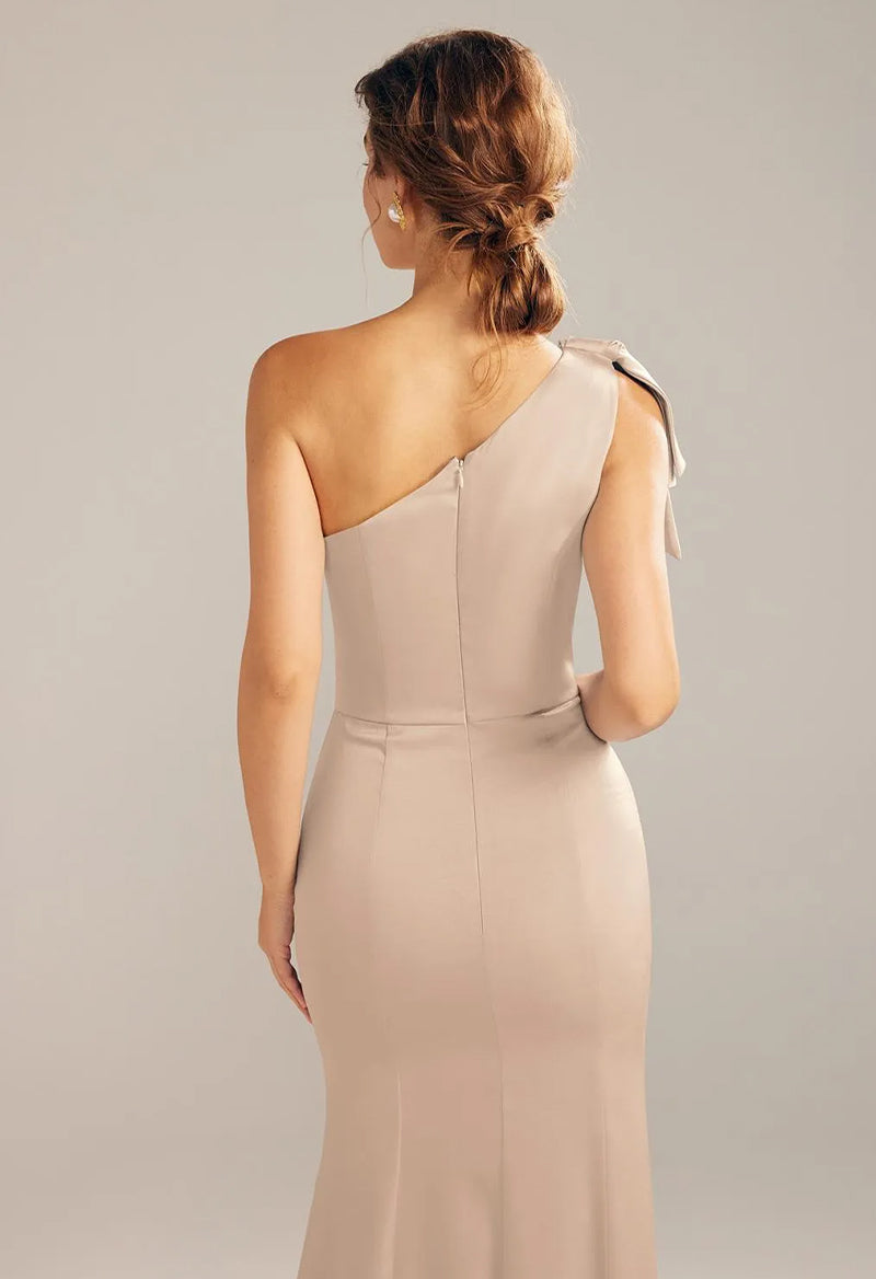 Elegant One Shoulder Sleeveless Sheath Slit Floor Length Bridesmaid Dress