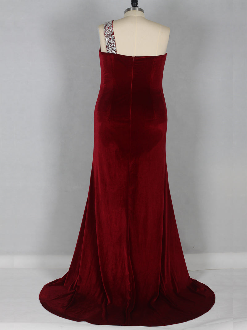 Burgundy Velvet One Shoulder Plus Size Evening Dress