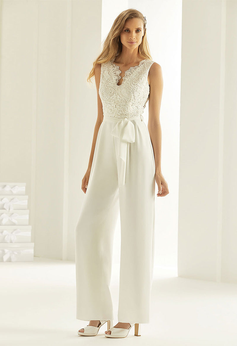 Sleeveless Jeweled Neck Lace Backless Wedding Jumpsuit As Picture