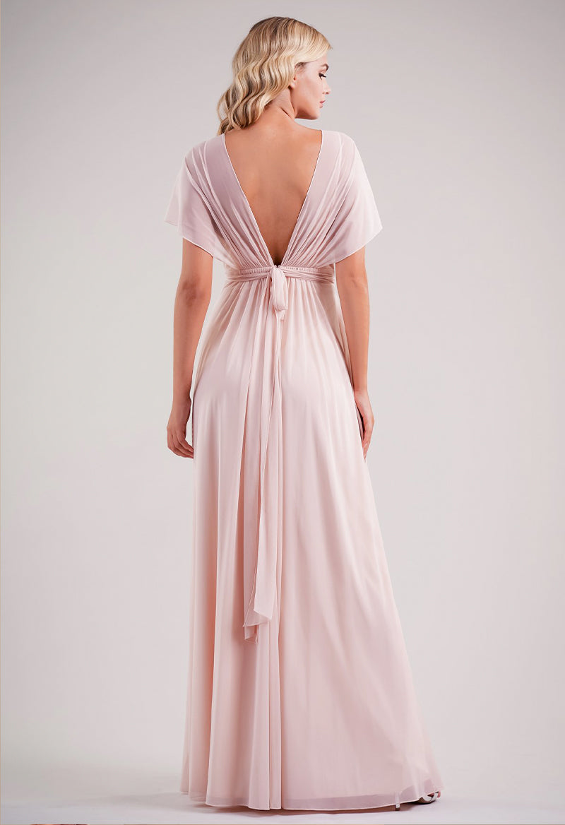 V Neck Chiffon Short Sleeve A Line Floor Length Bridesmaid Dress