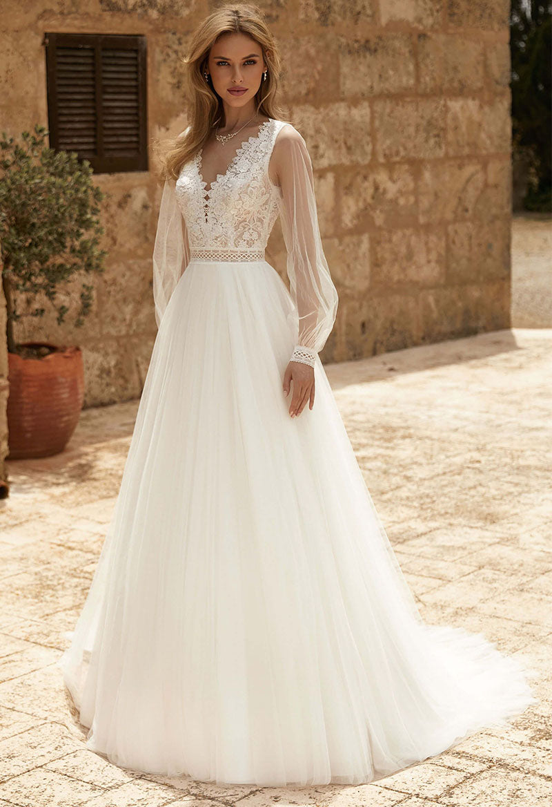 Jewel Neckline Puff Sleeves A Line Court Train Wedding Dress As Picture