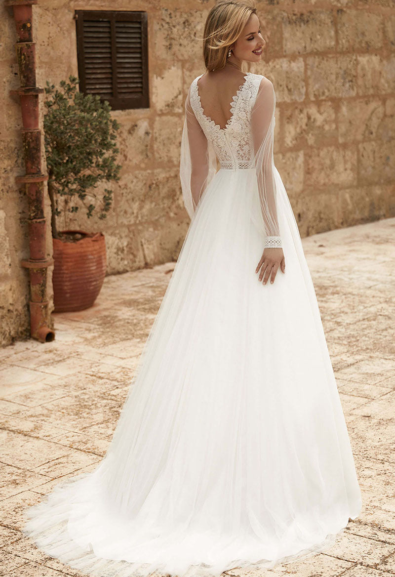 Jewel Neckline Puff Sleeves A Line Court Train Wedding Dress