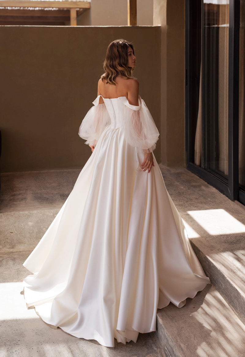 Straight Neck Puff Sleeve Satin Backless Floor Length Wedding Dress