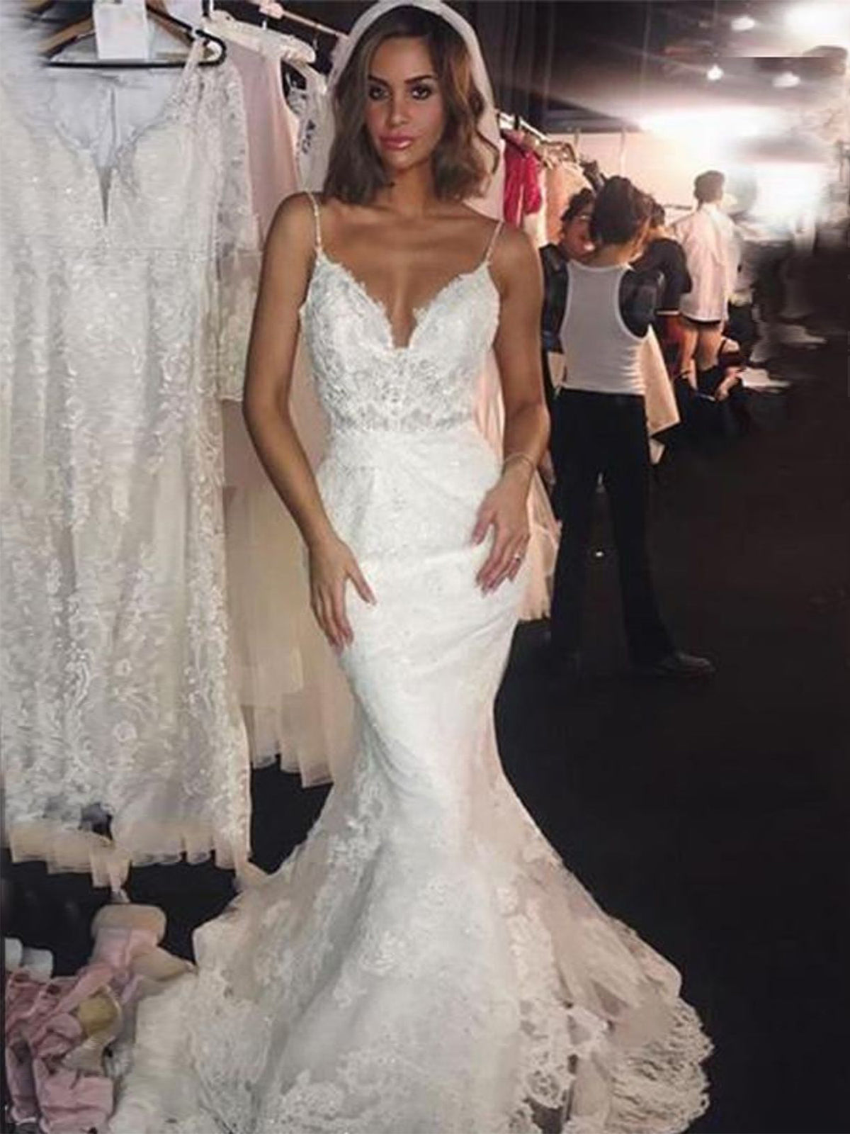 V Neck Lace Mermaid&Trumpet Sexy Wedding Dress As Picture