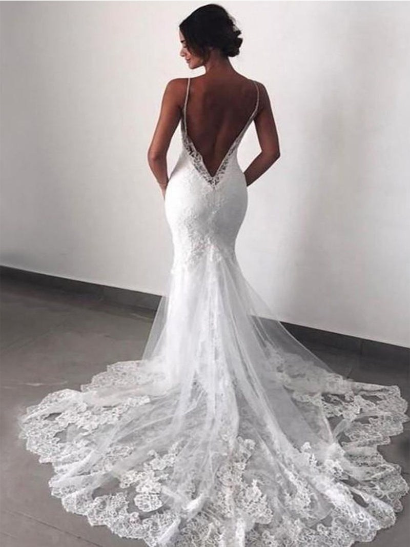 V Neck Lace Mermaid&Trumpet Sexy Wedding Dress