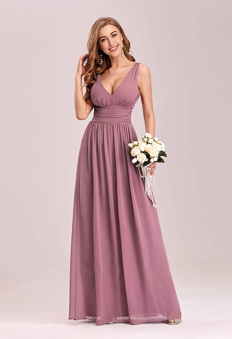 V-Neck Sleeveless Chiffon A Line Floor Length Bridesmaid Dresses Pink