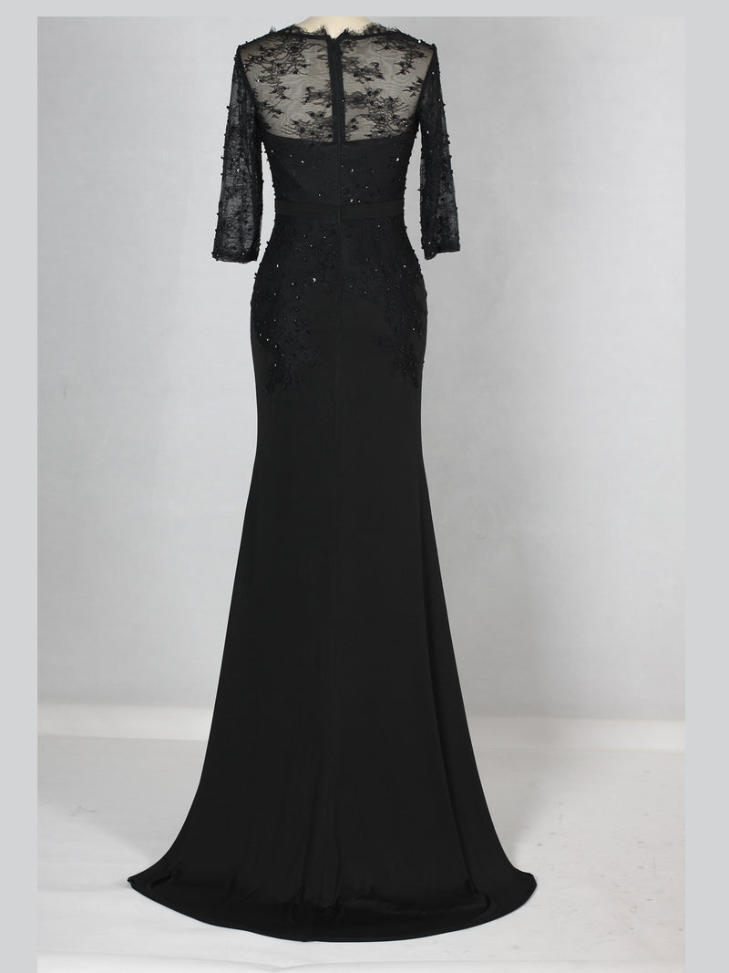 Elegant Lace Long Sleeve Fit With Beads Evening Dress