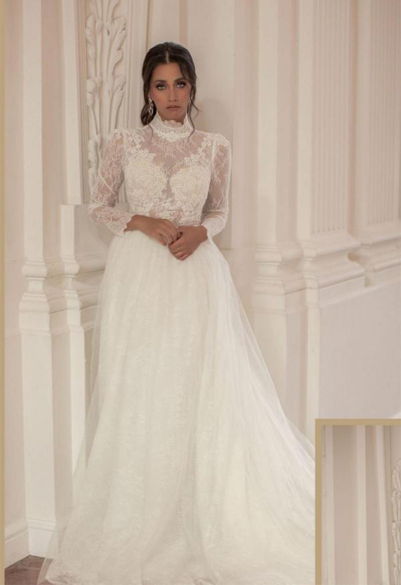 Turtleneck Long Sleeve A Line Tulle Court Train Wedding Dress As Picture