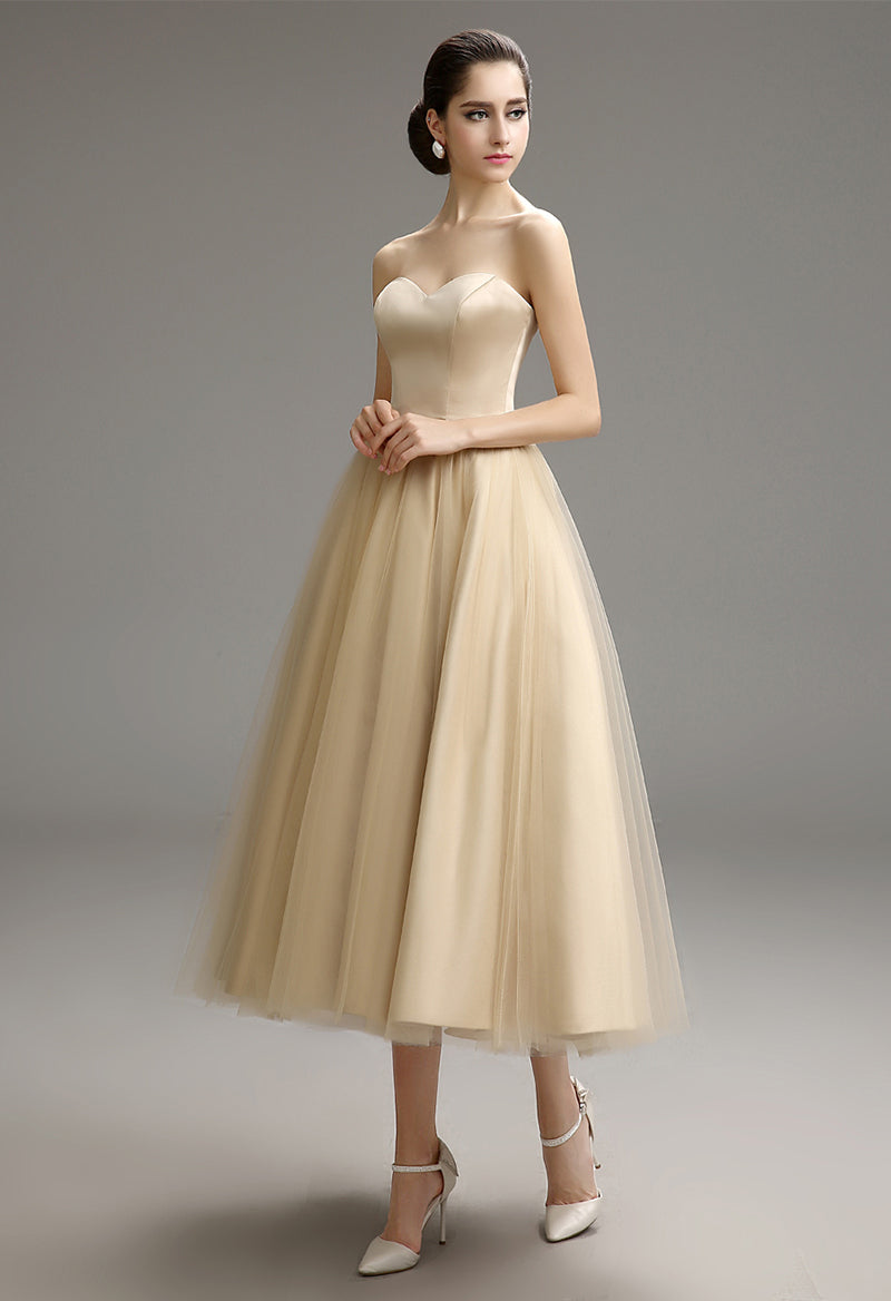 A Line Sweetheart Neck Satin Tulle Sleeveless Tea Length Wedding Dress With Wrap
