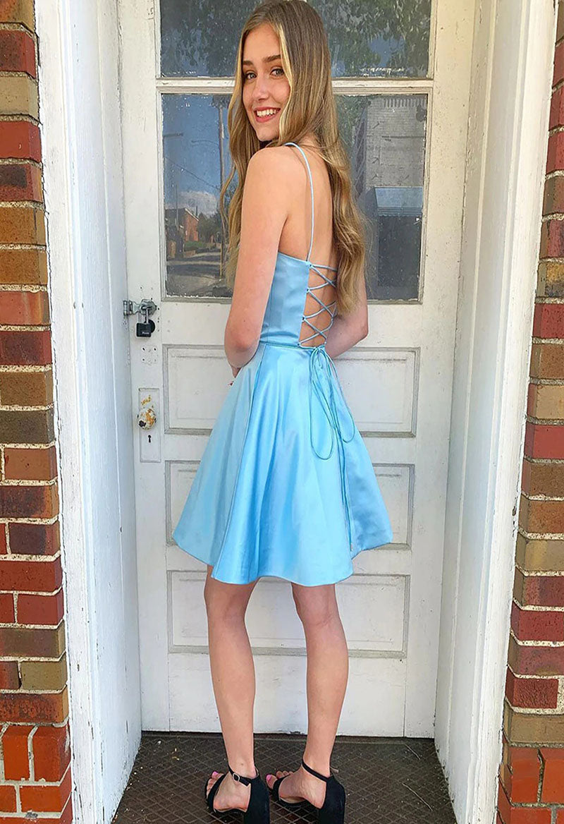 Square Neck A Line Sleeveless Satin Short Homecoming Dress