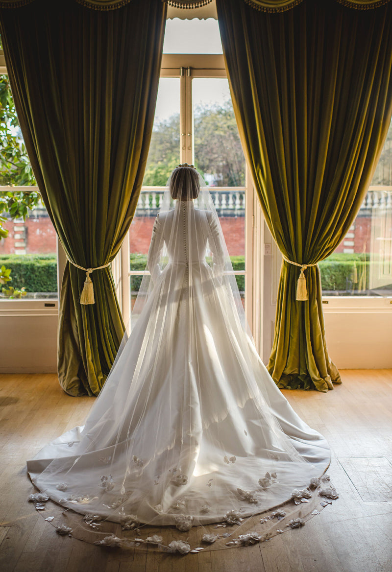 Simple High Neck Long Sleeve Satin Chapel Train Wedding Dress