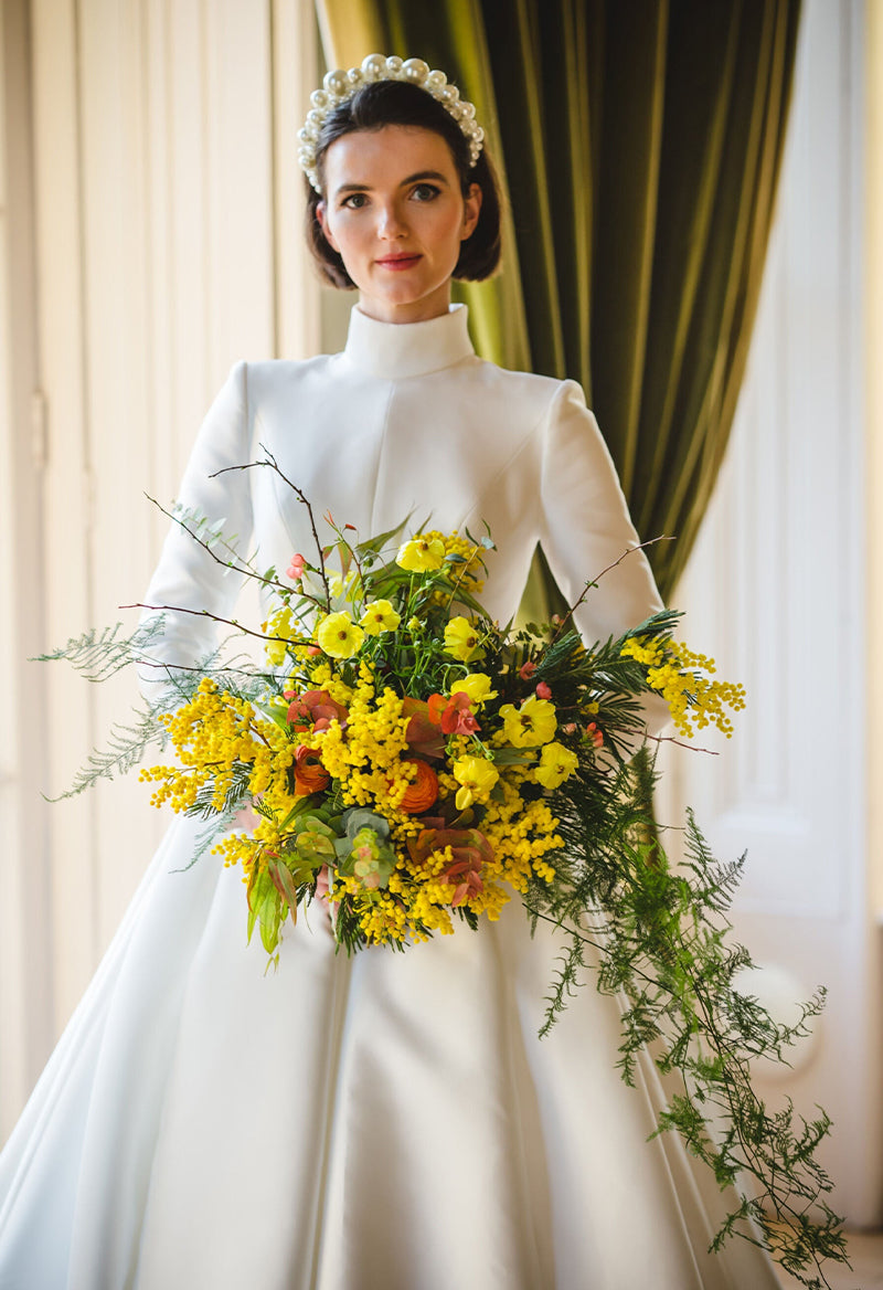 Simple High Neck Long Sleeve Satin Chapel Train Wedding Dress