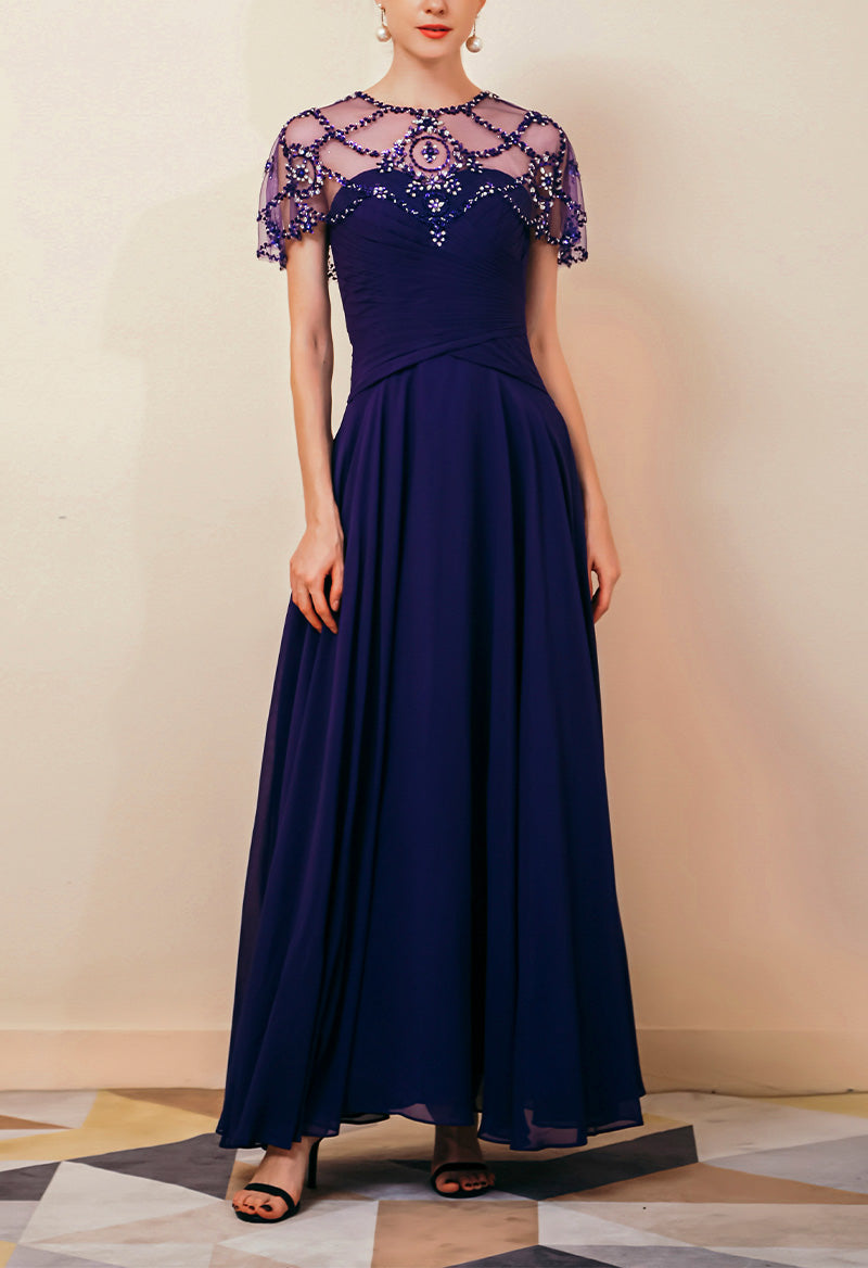 Scoop Neck Beaded Short Sleeves A Line Floor Length Chiffon Mother Of The Bride Dress Purple