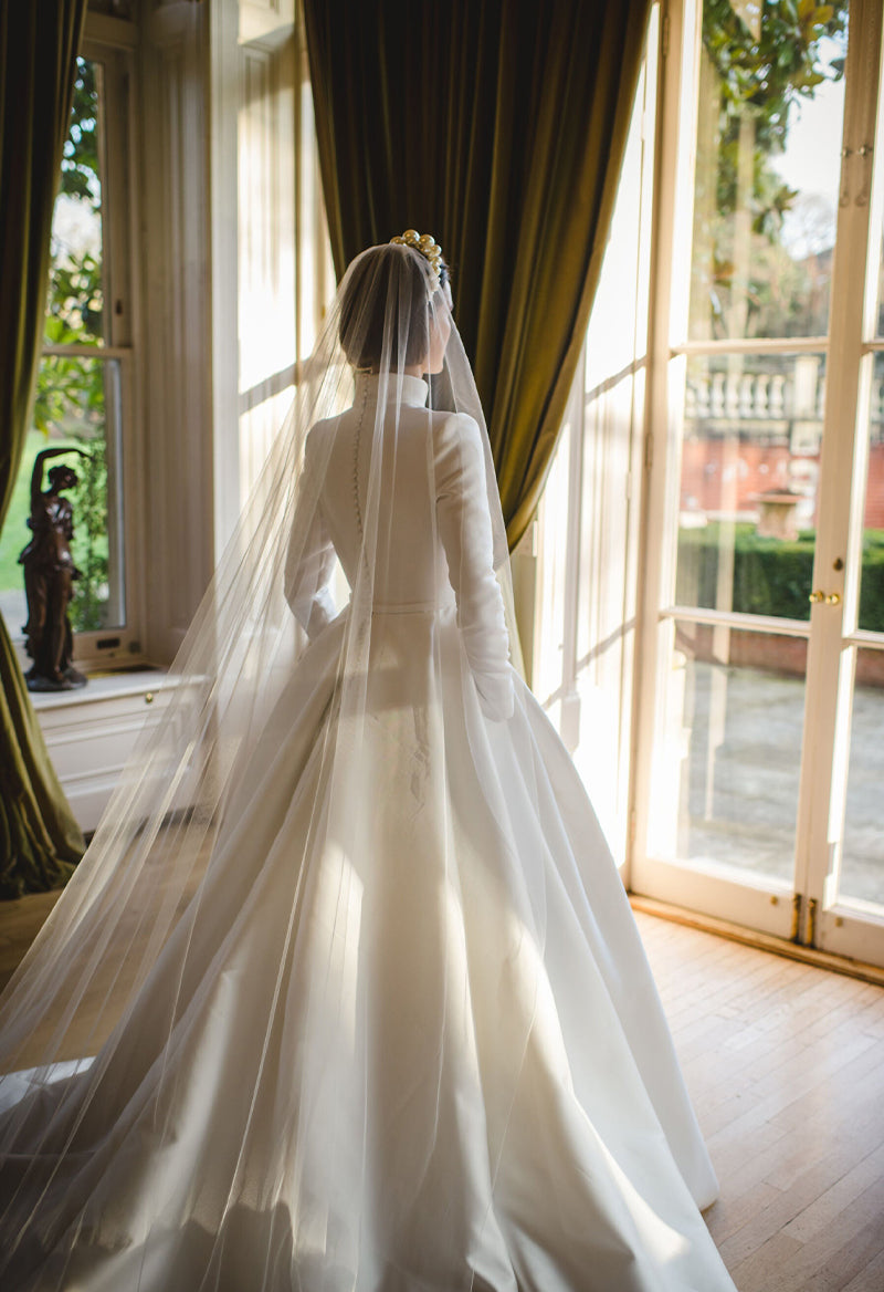 Simple High Neck Long Sleeve Satin Chapel Train Wedding Dress