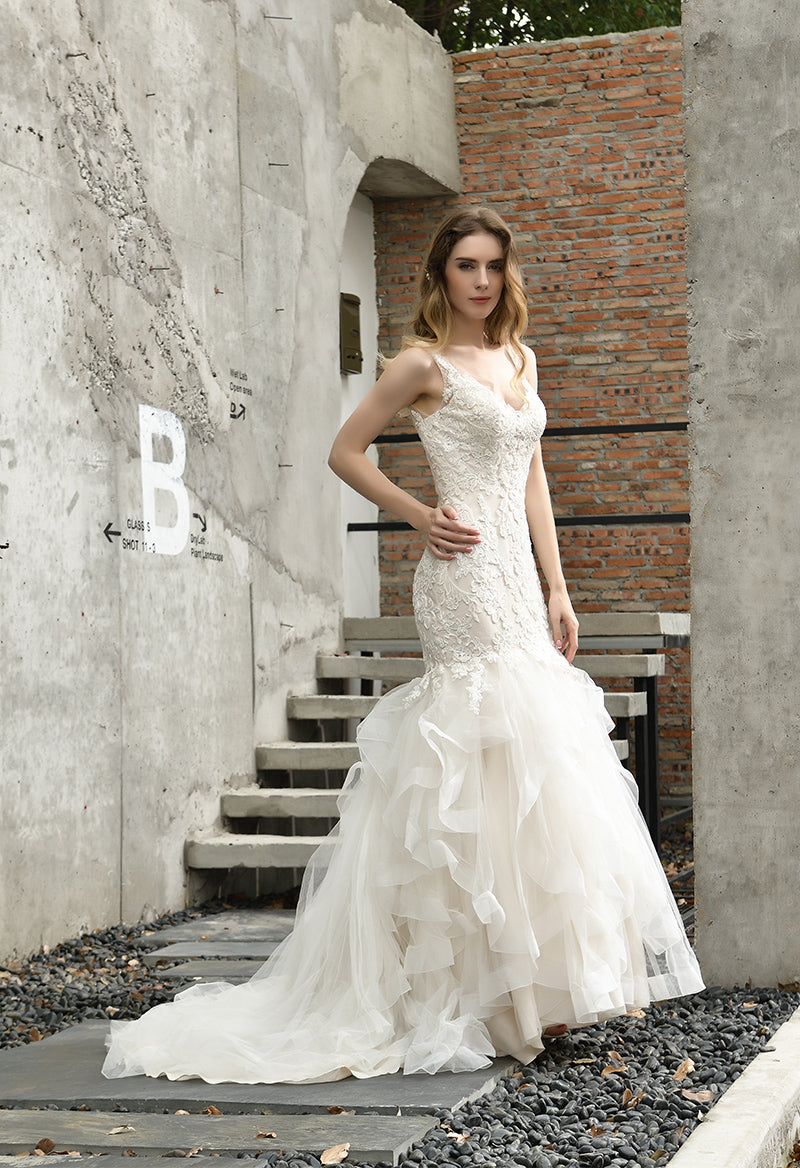 V Neck Sleeveless Mermaid Organza Sweep Train Wedding Dress