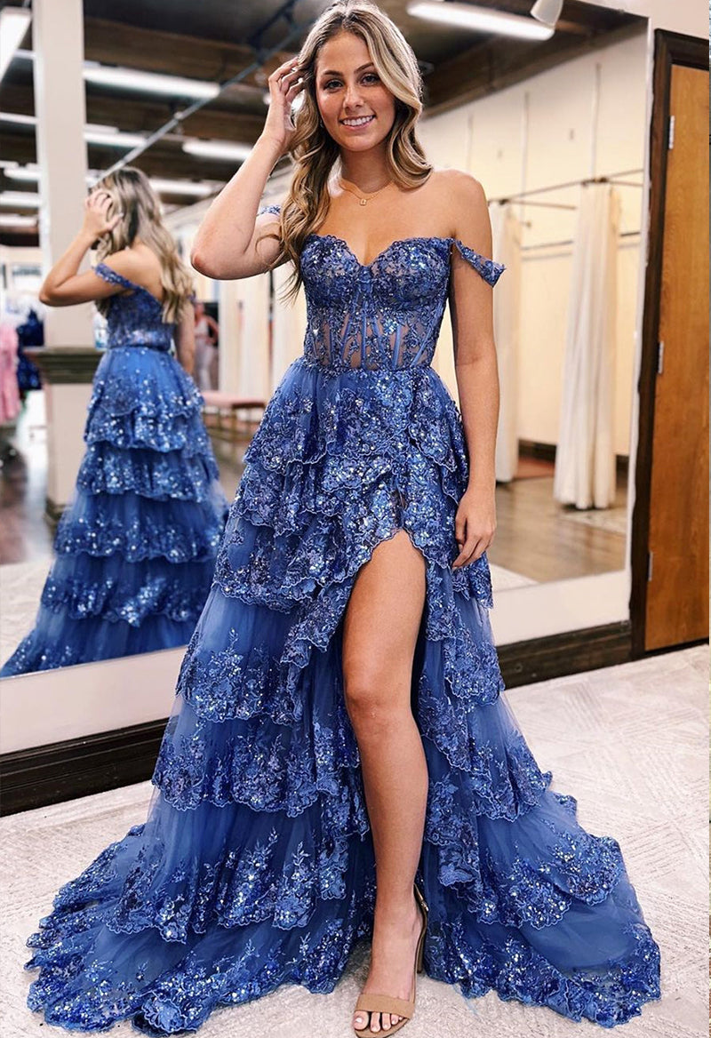 Sweetheart Neck Fake Sleeves A Line Tulle Appliqué Slit Court Train Prom Dress Blue
