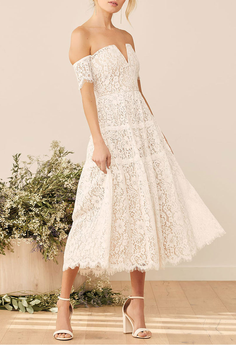 A Line Off The Shoulder Lace Short Sleeve Tea Length Wedding Dress As Picture