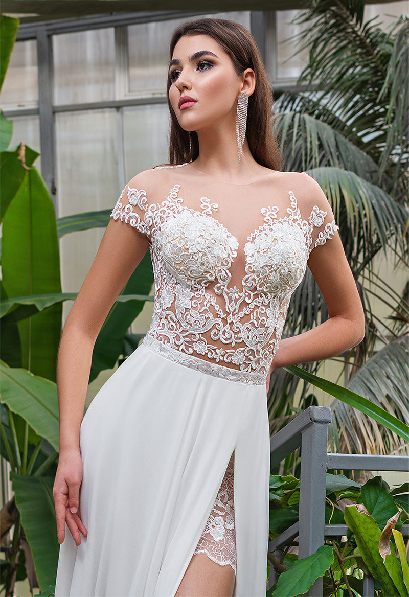 Illusion Neck Short Sleeve Slit A Line Sweep Train Wedding Dress