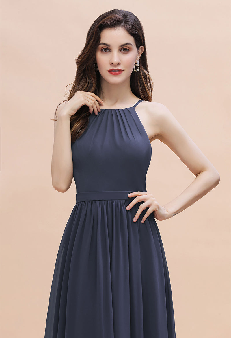 Boat Neck Sleeveless Chiffon A Line Ruffled Evening Dress