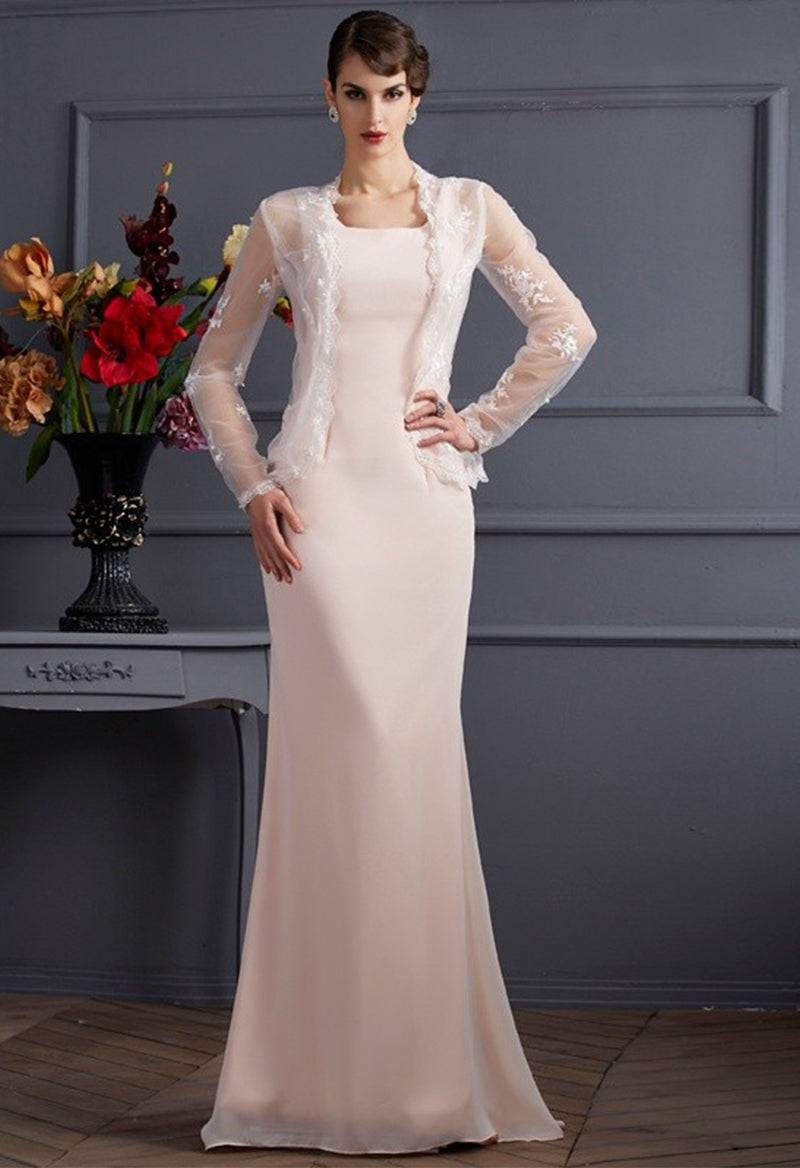 Sheath Square Neck Chiffon Lace Sleeveless Floor Length Mother of the Bride Dress With Wrap As Picture
