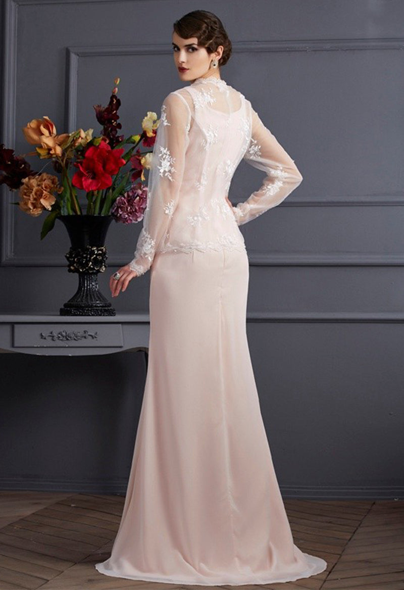 Sheath Square Neck Chiffon Lace Sleeveless Floor Length Mother of the Bride Dress With Wrap