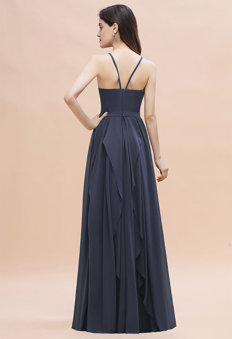 Boat Neck Sleeveless Chiffon A Line Ruffled Evening Dress